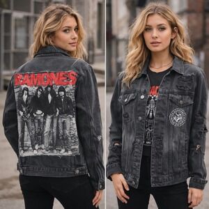 Ramones Jacket Sz S Punk Rock Vintage 90s Black Charcoal Gray Distressed Denim
